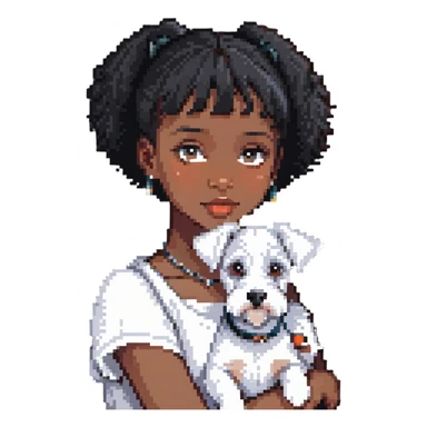 Black girl with short bangs holding a white schnauzer dog sticker