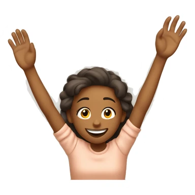 Happy girl wakes up in bed and stretches hands up in the air  sticker