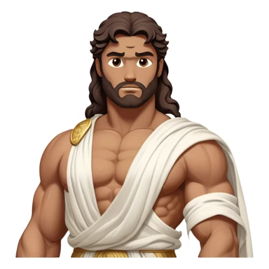 Cinematic Realistic Hercules Portrait, depicted as a classical Greek statue with a robust, muscular build and perfectly chiseled features. His bronze, sun-kissed skin has a timeless, marble-like quality, and his thick, wavy dark hair frames a face exuding determination and quiet nobility. Draped in a flowing white robe with subtle golden accents, the portrait is rendered under dynamic natural lighting that highlights every sculpted detail and evokes the majesty of ancient myth. sticker