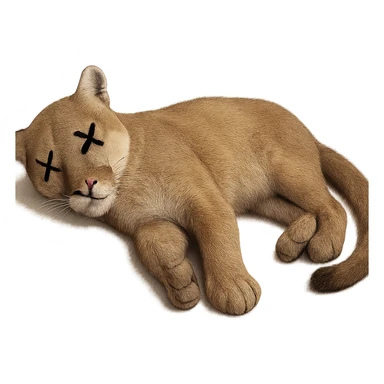 Make the mountain lion appear dead, lying on its side with cartoon X's for eyes, no blood, keep the exact same photorealistic style and details, transparent background. sticker