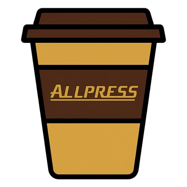 flat icon style Allpress coffee cup, brown and gold colors, transparent background sticker
