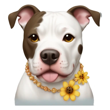 White pit bull with big brown spots and a flower necklace sticker