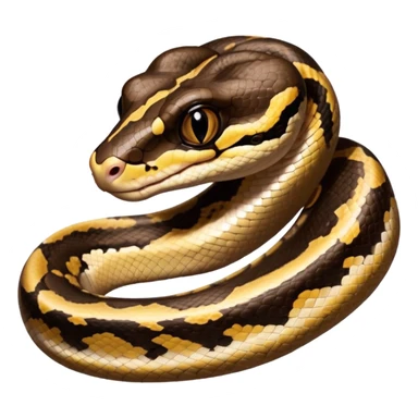A photo-realistic digital illustration of a Ball Python, large headshot portrait. The snake has a short, rounded snout, smooth contours, and a calm, curious expression. Its head is warm brown with bold, irregular dark markings, including the signature “alien-head” pattern.  sticker