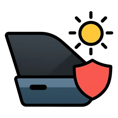 luxury car side window icon with dark black to gray gradient, small shield or sunbeam being blocked, subtle shading, modern and clean style, no text sticker