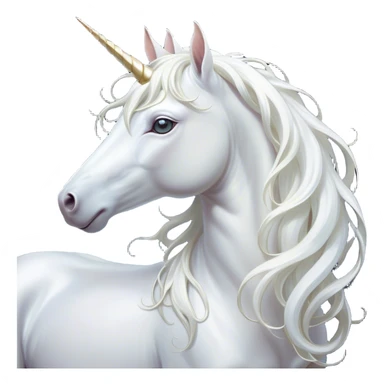 Cinematic Noble White Unicorn Portrait Emoji, Poised and regal, with a slender, ethereal form draped in a pristine white color, a flowing mane and tail, and a glistening, spiraled horn that radiates pure light, Simplified yet sharp and sophisticated features, highly detailed, glowing with a soft, iridescent luminescence, high shine, intelligent and transcendent, stylized with an air of mythical enchantment, focused and serene, soft glowing outline, capturing the essence of a watchful and confident white unicorn that appears ready to prance out of the screen with magical grace! sticker