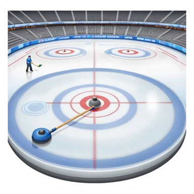 An icon showing the ice with a broom and a close-up of a curling stone sliding. The scene is set in a brightly lit stadium, with detailed spectator stands in the background. Transparent background highlights the focus, skill, and atmosphere of the curling sport. sticker