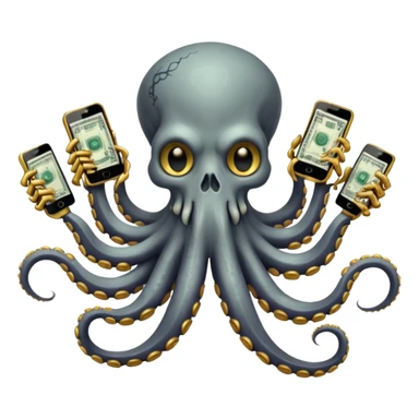 Intimidating octopus skeleton. Evil looking eyes, wearing a gold necklace. 2 tentacles are holding their own cellphones with one held up to its ear, 2 other tentacles are holding stacks of money sticker