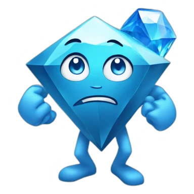 A blue diamond with a face, arms and legs doing something random and with a sad face sticker
