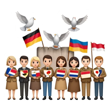 people holding protest signs with the Berlin Wall in the background, peace dove, East and West Germany flags, 1950s and 60s sticker