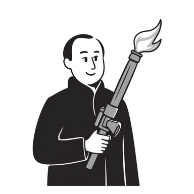 Vladimir Putin smiles and holds a flamethrower sticker