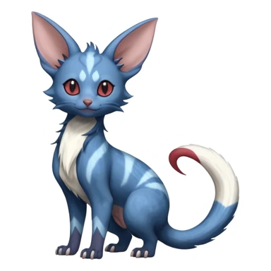 Dark Brown-Oily deep-blue-glittery Minccino-Lykoi-Emolga-Sphynx-Linoone-Zangoose-fusion-hybrid-animal-Fakémon-creature, full body, thin long sleek scaly tail, with intricate markings sticker