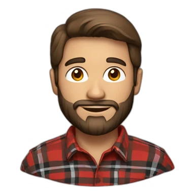 Man with a beard and brown hair wearing a red and black plaid flannel shirt and a Santa hat sticker
