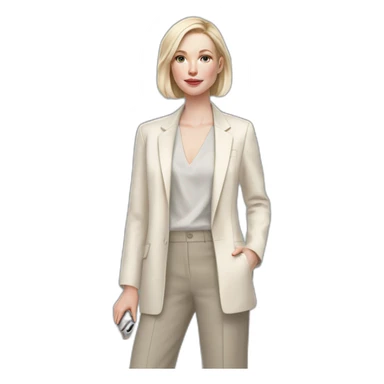 pale skin woman with ash blonde Straightened bob Hair, White Spacious classical jacket, beige palazzo Arrow pants and gray blouse holding IPhone 15 pro in the hands sticker