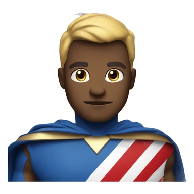 Emoji of Homelander from ‘The Boys’ series. USA flag-inspired costume with cape (red, blue, white). Confident, slightly menacing expression. sticker