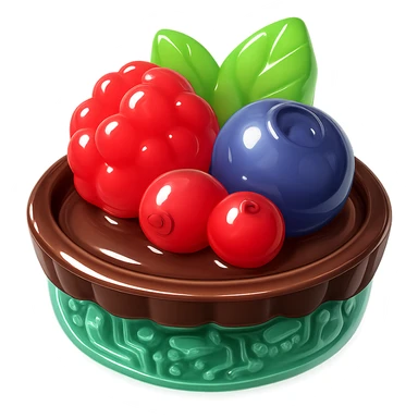 3D glossy fruit tart with chocolate crust, filled with chocolate ganache, topped with mixed berries and mint leaves, shiny highlights sticker