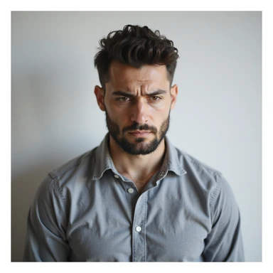 realistic 30-year-old man suffering from anxiety, vacant stare, closed posture, light background sticker