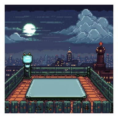 Pixel art rooftop at night, helipad, fence, distant city lights, glowing billboard, cloudy sky, 9:16 vertical scene, side view, retro 2D fighting game background
 sticker