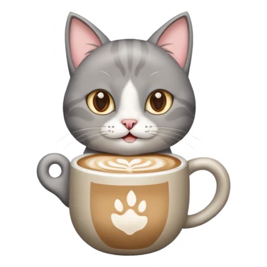 Happy gray Cat holding in its front two paws an hot latte sticker