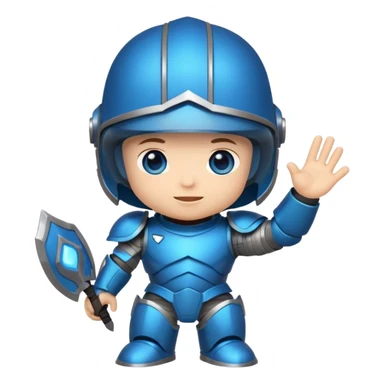 "Cute chibi-style armored hero sticker, oversized helmet, small body, glowing blue eyes, friendly waving pose, bold outlines, saturated colors, isolated on a plain white background, 2D cartoon style." sticker