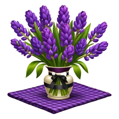 A lush bouquet of bright prple color Hyacinths black satin ribbon, resting on an antique wooden table, with a pale yellow and pink plaid pattern table cloth sticker