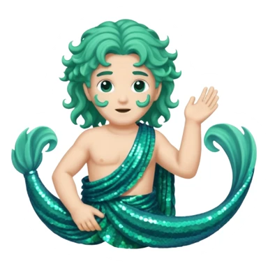 Neptune from Roman Deities with long sea green wavy hair, sea green sequin toga sticker