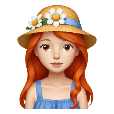 girl, freckles, wearing_summer_hat, white flower on hat, red orrange long hair, blue dress sticker