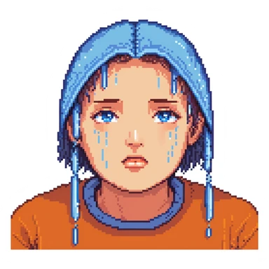 Pixelated face with blue sweat droplets, nervous expression sticker