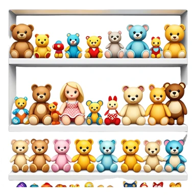 Icon for Toy Collecting: a collection of various vintage toys such as dolls, action figures, and plush animals, displayed neatly on shelves or in display cases. The icon should evoke the joy and nostalgia of collecting toys. Transparent background. sticker