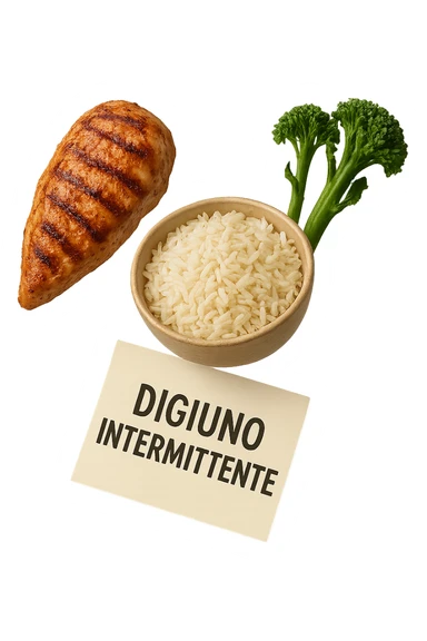 petto di pollo grigliato, bowl di riso basmati e broccoletti fluttuano in aria insieme ad un foglio con la scritta "DIGIUNO INTERMITTENTE", iperrealistico 4k sticker