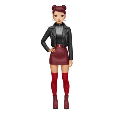 “East Asian woman with a tight sleek bun, no loose strands. Black leather jacket over a black turtleneck, silver Vivienne Westwood-style orb necklace. Red leather mini skirt, burgundy tights, red long boots. Clean, fashion-editorial style.” sticker