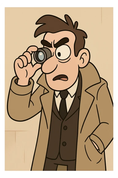a cartoon investigator in a long coat, peering through a jeweler's loupe, curious expression, cartoon style sticker