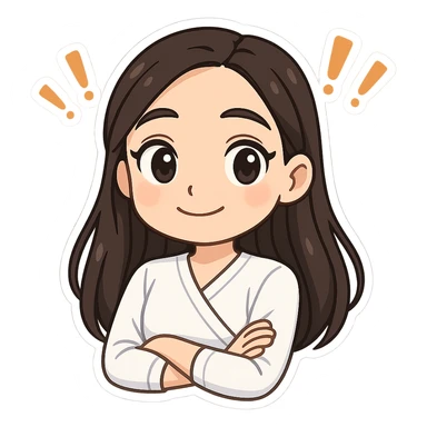 Create a chibi sticker of the girl from the previous successful bitmoji chibi stickers, with an attentive and kind face with exclamation marks. She has long hair, the same face and style, with a white outline and transparent background. sticker