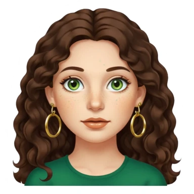 Attractive italian woman with a wide face, freckles, Long wavy dark hair and gold hoop earrings and green eyes sticker