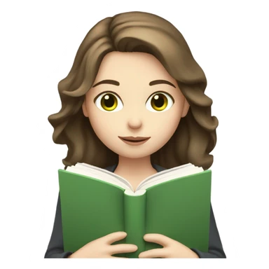 Girl with shoulder length brown hair, green eyes, pale skin, reading a book sticker