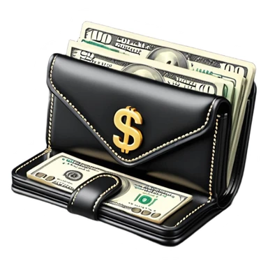 Rich emoji style black leather wallet with dollar bills, luxury money vibe, premium 3D emoji, ultra clean, high detail, no background
 sticker