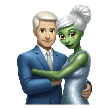 alien reptilian woman in silver dress hugs white man in blue dress sticker