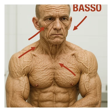 hyper realistic 25 year old bodybuilder aged prematurely due to collagen deficiency, sculpted muscles but skin with deep wrinkles, red arrows and Italian text 'Collagene Basso', clinical atmosphere, white background sticker
