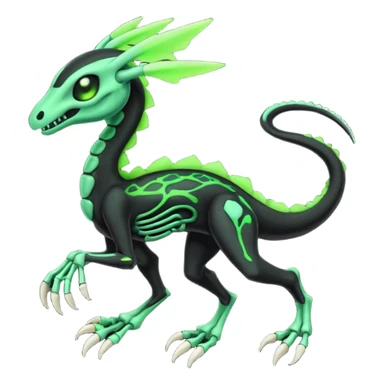 Obsidian-black and neon-glowing-green skeletal Meloetta-Salandit-Gorebyss-Salazzle-Pokémon-Fakémon-creature-fusion-hybrid sticker