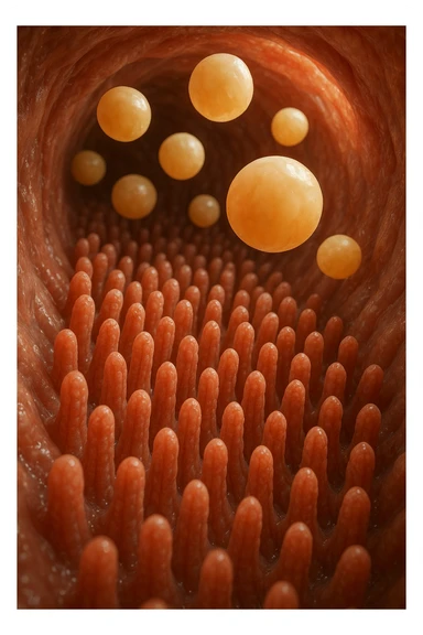 VILLI INTESTINALI CON CELLULE DI GRASSùO CHE CI FLUTTUANO SOPRA, INTERNO REALISTICO DI UN INTESTINO, IPERREALISTICO 4K sticker