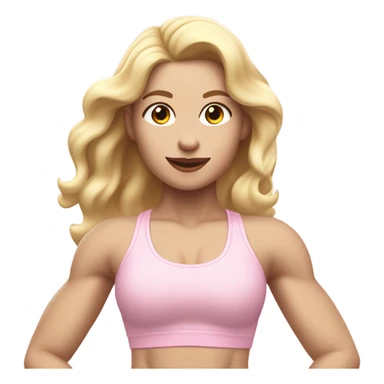 Woman, white skin, pale skin, long hair, blonde hair, wavy hair, baby pink sports bra, baby pink leggings, flexing one arm up sticker