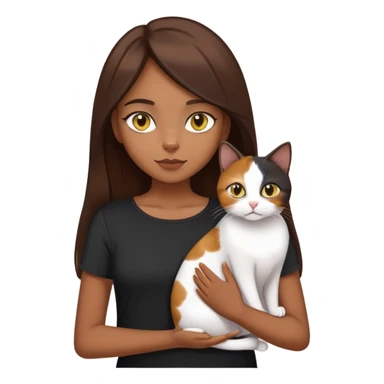 Brown straight-haired girl wearing black top with a pure white cat with yellow eyes and a calico cat sticker
