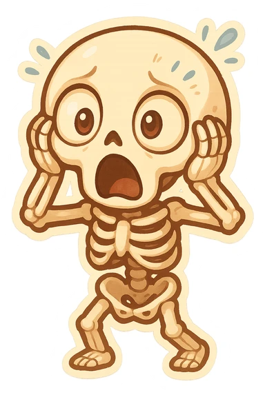 whimsical skeleton showing shock, eyes bulging, mouth agape, hands on sides of head, lively animated style sticker