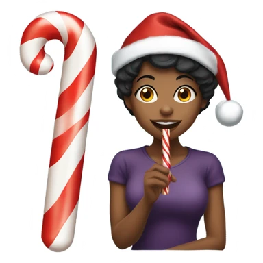 Black woman with short black hair and a Santa hat on, eating a candy cane sticker