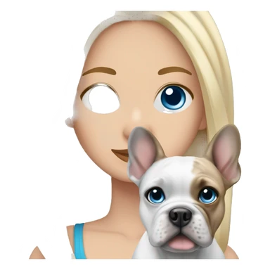 Blonde hair woman with blue eyes holding a merle Frenchie with blue eyes sticker