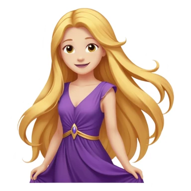 Cinematic Radiant Rapunzel Portrait Emoji, rendered in a flat vector style with clean proportions. Show Rapunzel with a gentle smile, fair, glowing skin, and her iconic long golden hair cascading softly, wearing a simple, elegant purple dress. The image radiates a warm, enchanting glow, high shine, and is accentuated by a soft glowing outline. sticker