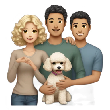 A Family consisting of 1 asian man with dark eyes and hair tan skin and 1 white blonde girl with pale skin and 1 fluffy brown toy poodle sticker