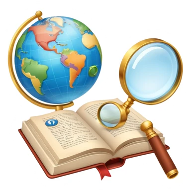 An icon featuring an open book, a speech bubble, and a magnifying glass, symbolizing philology and linguistics. The design includes language symbols, a globe, and alphabet letters, representing the study of languages and their structures. Transparent background  sticker