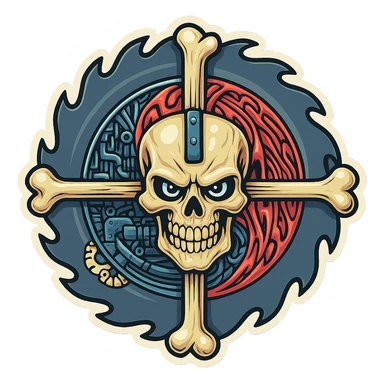 Sticker variation 2: Skull and crossbones with mechanical and organic details, bold outlines, vibrant colors, retro sticker style. sticker
