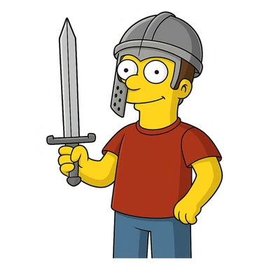 Regenerate the image keeping the same angle, facial expression, and size proportions of the character, but add a medieval helmet on the hero's head and replace the camera with a sword. The style should resemble The Simpsons with a transparent background. sticker