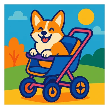 a smiling corgi riding in a stroller, fun and lighthearted, cartoon style, vibrant colors sticker